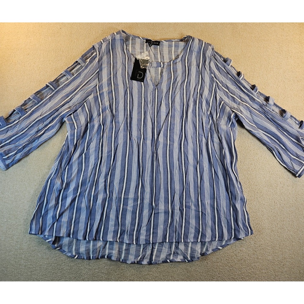 Fred David Women's 3X Blue White Striped Ladder Sleeve Blouse Top NWT Plus Size